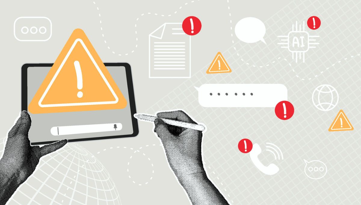Stylized collage of hands, tablet, and AI chip icons, used to depict phishing attacks causing data breaches.