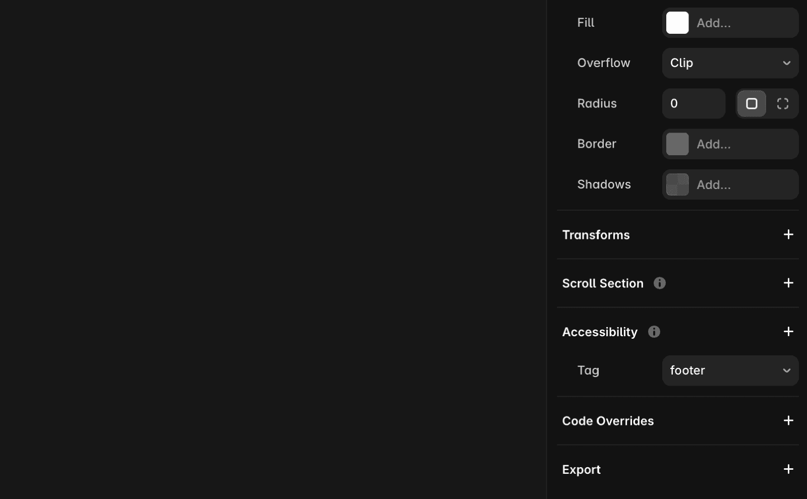 Framer Accessibility panel showing the footer tag option selected in the Tag dropdown.