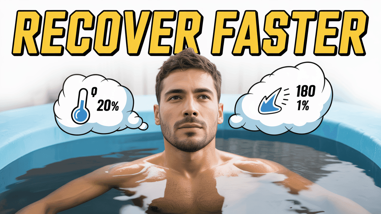 Ice Bath Recovery Science Thumbnail Template featuring athlete submerged in ice bath with vapor, infographic bubbles showing temperature and benefits