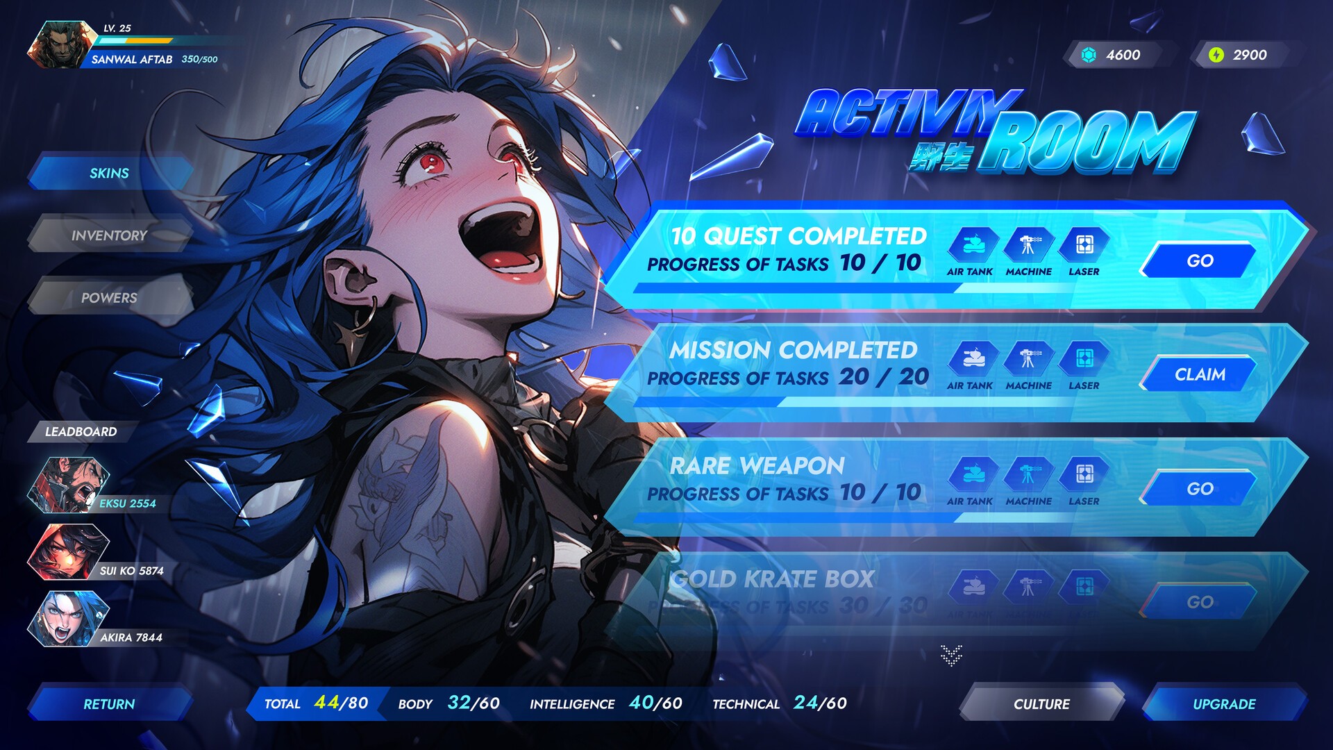 A character with long blue hair and tattoos smiles joyfully against a rainy backdrop, displaying a gaming interface with menu options including completed quests, missions, and rewards, while stats and currency details appear at the top and bottom of the screen.