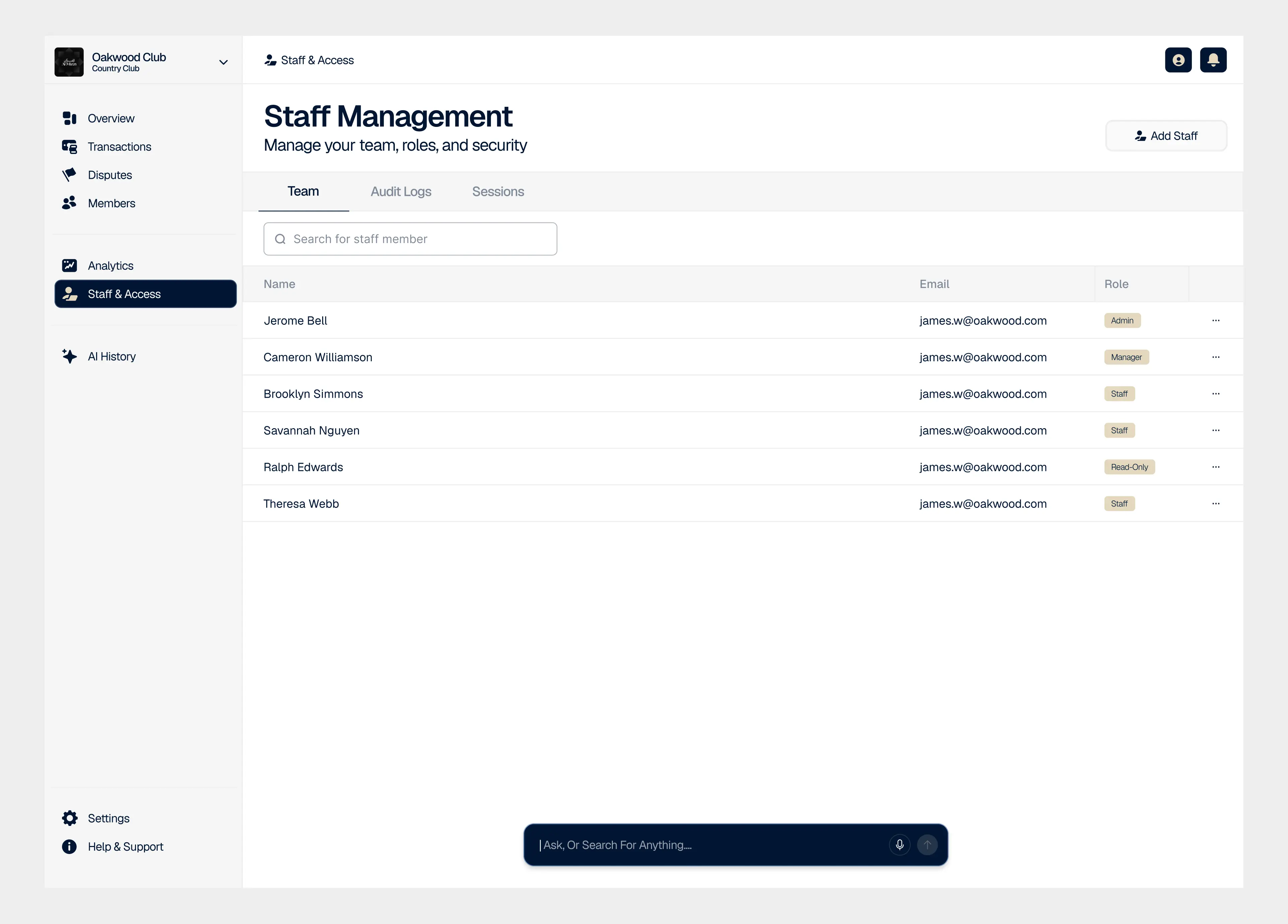VRYFI NOW management portal staff management view with team roles list and AI-powered search interface