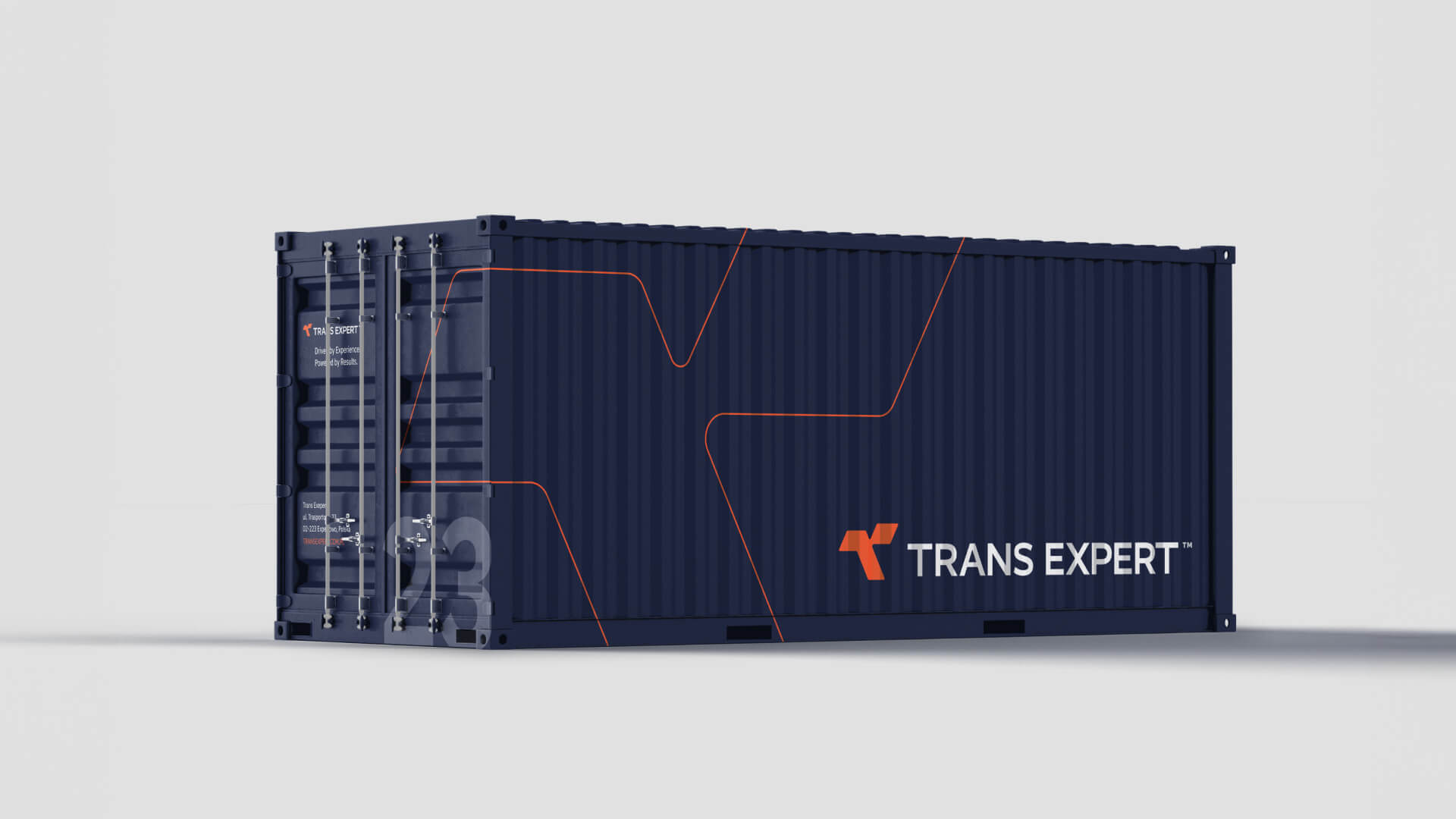 A dark navy blue shipping container branded with the Trans Expert logo and an orange abstract geometric line pattern, showcasing the company's identity in container logistics.