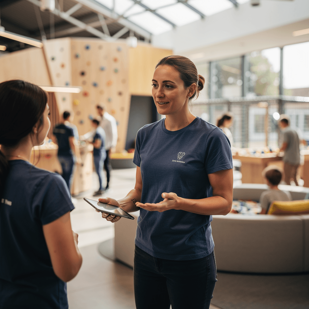 Una persona joven de cabello rizado sonríe a la cámara mientras está sentada frente a una computadora portátil sobre un fondo oscuro.