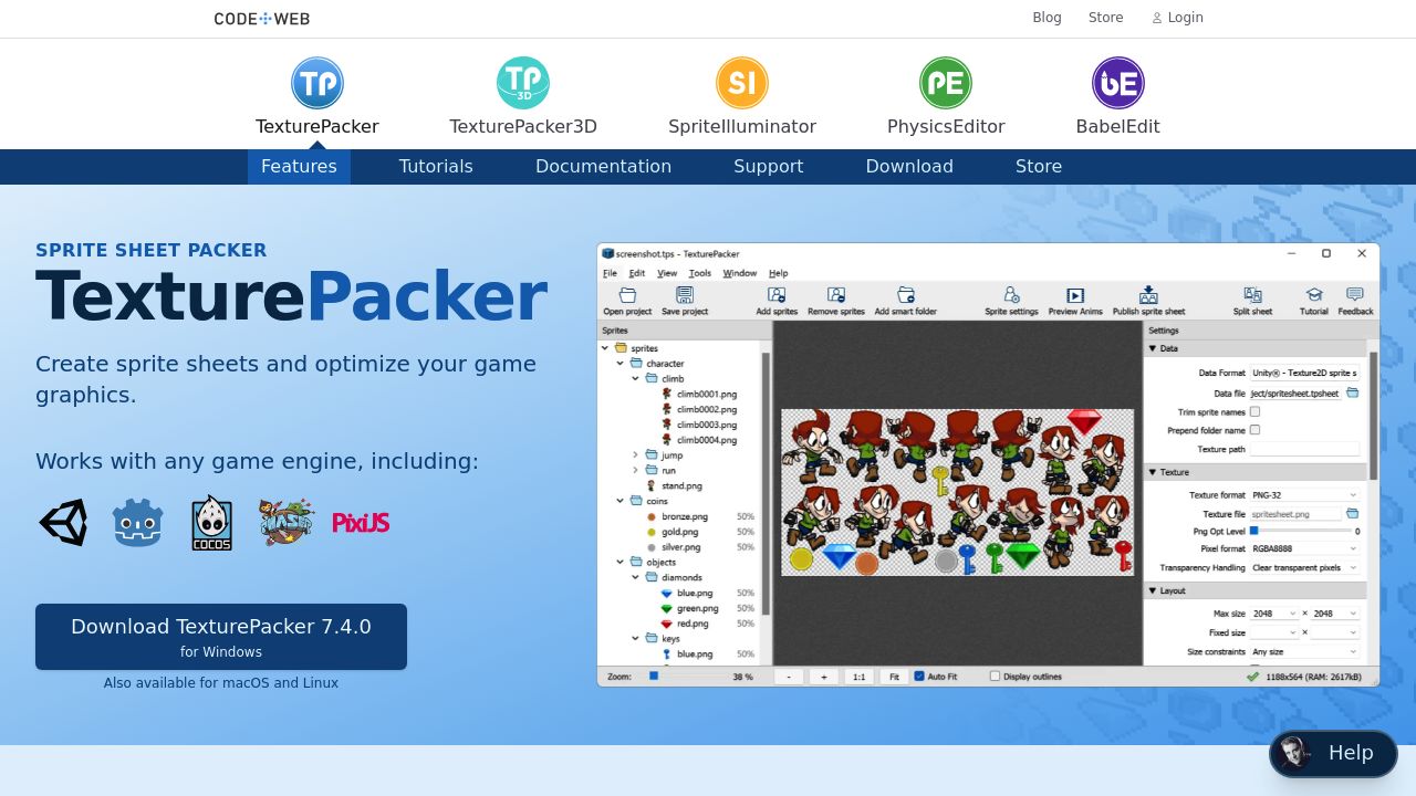 Screenshot of the TexturePacker website showcasing sprite sheet generator and texture packing tool