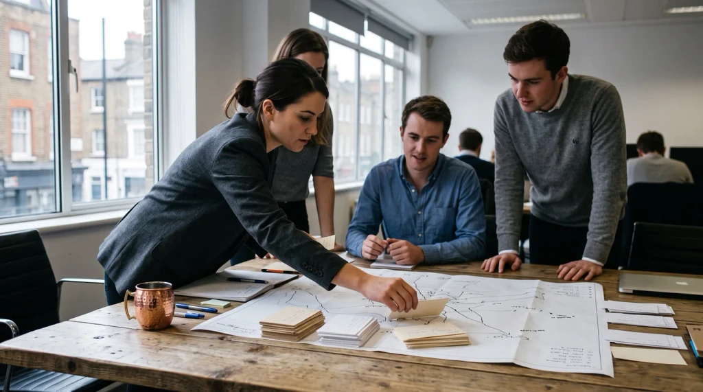 A team leaning over plans spread on a large wooden table