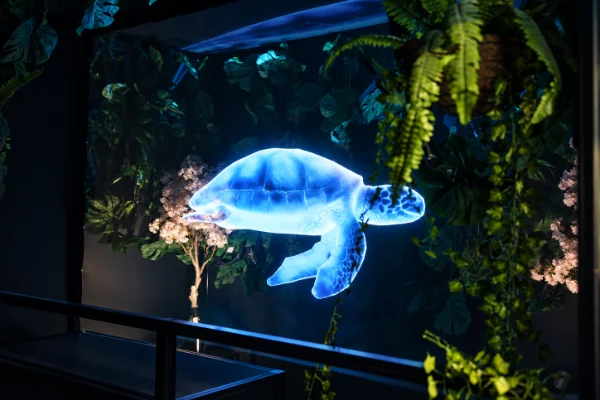 Une famille joyeuse, bouche ouverte, prend un selfie devant un hologramme réaliste de dinosaure menaçant au Hologram Zoo.