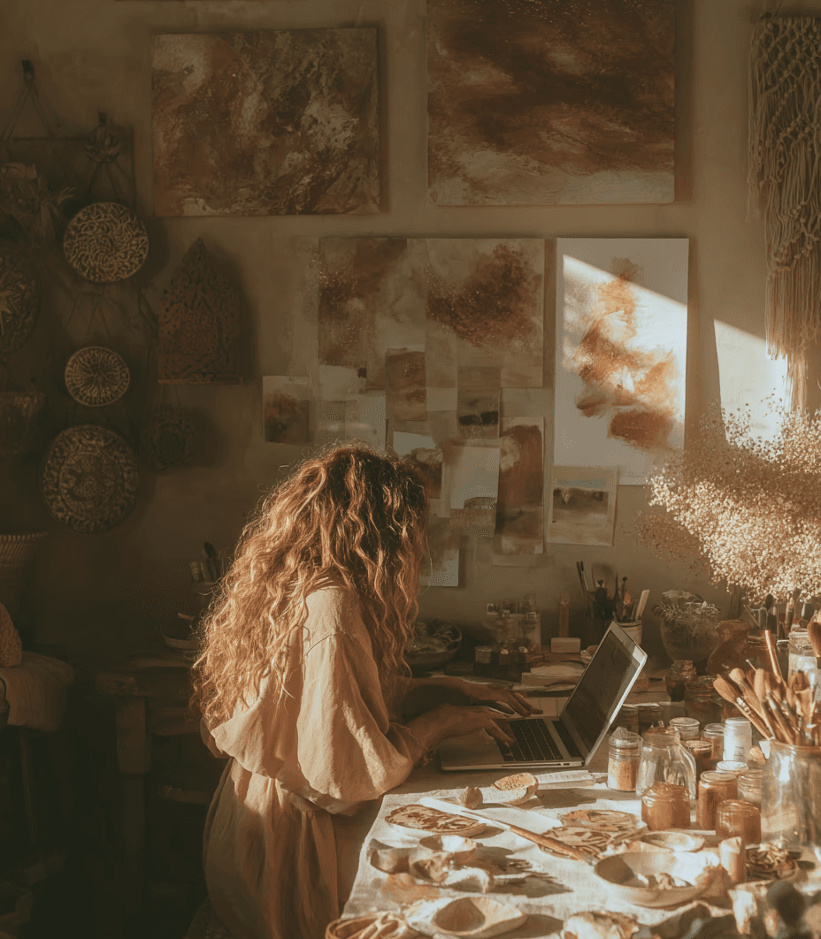 Woman with curly hair sitting next to the desk and writing on her laptiop, cinematic scenery