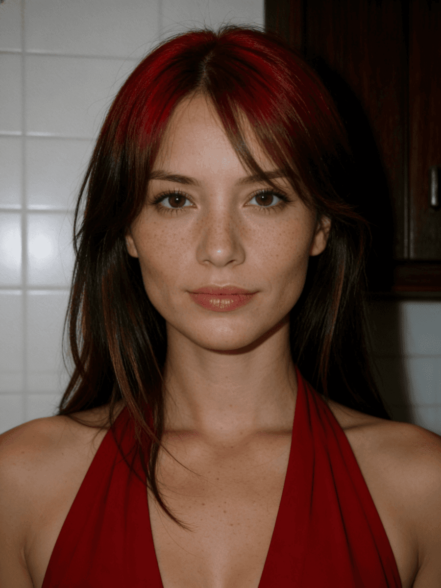 Close-up portrait of a woman with red-toned hair against a white tiled background.