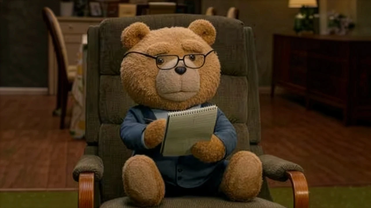 Dans un salon à l’ambiance chaleureuse, un ours en peluche anthropomorphisé est assis dans un fauteuil rembourré. Il porte des lunettes et tient un bloc-notes sur lequel il semble écrire ou prendre des notes. Le décor comprend un meuble en bois et une lumière douce en arrière-plan. Cette scène accompagne la thématique du top 5 des bonnes résolutions RH 2024, en représentant la prise de recul, l’analyse et la préparation stratégique des priorités en ressources humaines.