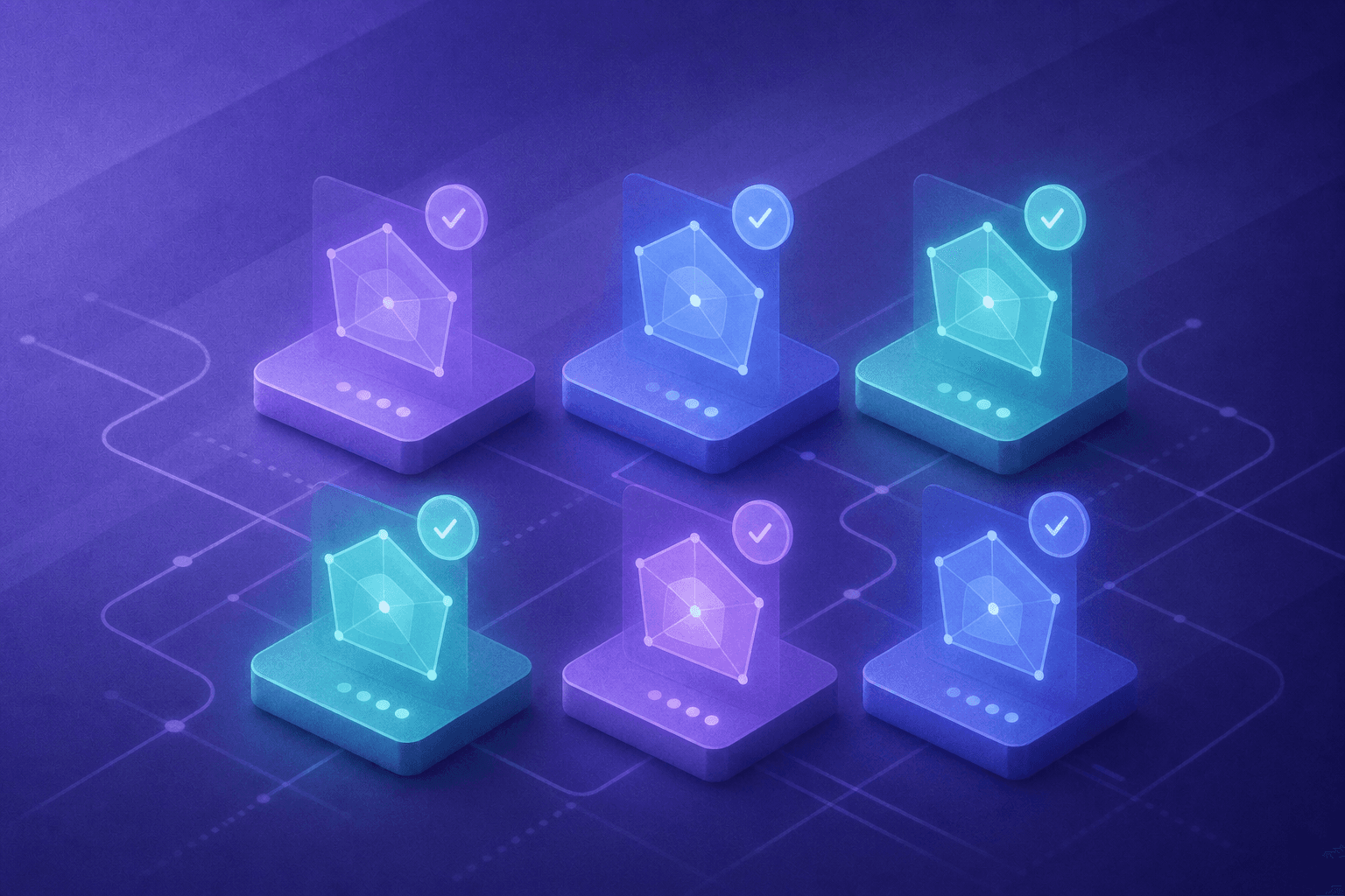 A clean, modern B2B software comparison concept showing six abstract platform cards or tiles arranged in a grid layout, each glowing with different colored accents in blue, teal, and purple tones, with abstract radar-chart-like shapes and checkmark symbols floating above them, set against a dark gradient background with subtle circuit-board or data-flow lines connecting the cards, representing a multi-tool feature evaluation for enterprise sales software