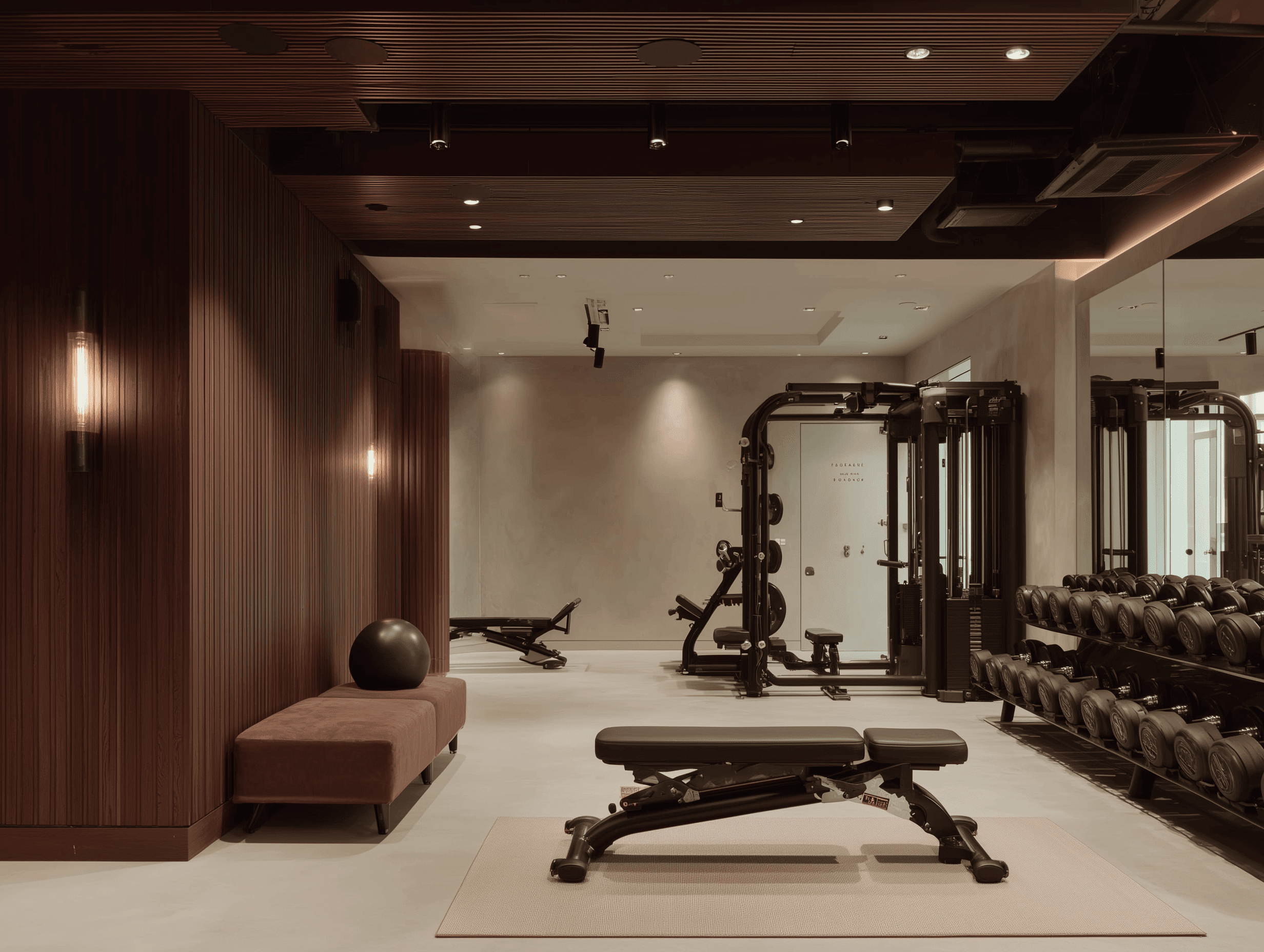 Intimate boutique gym with dark ribbed wood paneling, warm filament wall sconces, matte black equipment, dumbbell rack, and a light polished concrete floor