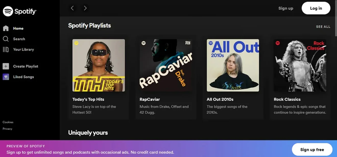 Spotify gradient bottom banner inviting visitors to sign up for a free account.