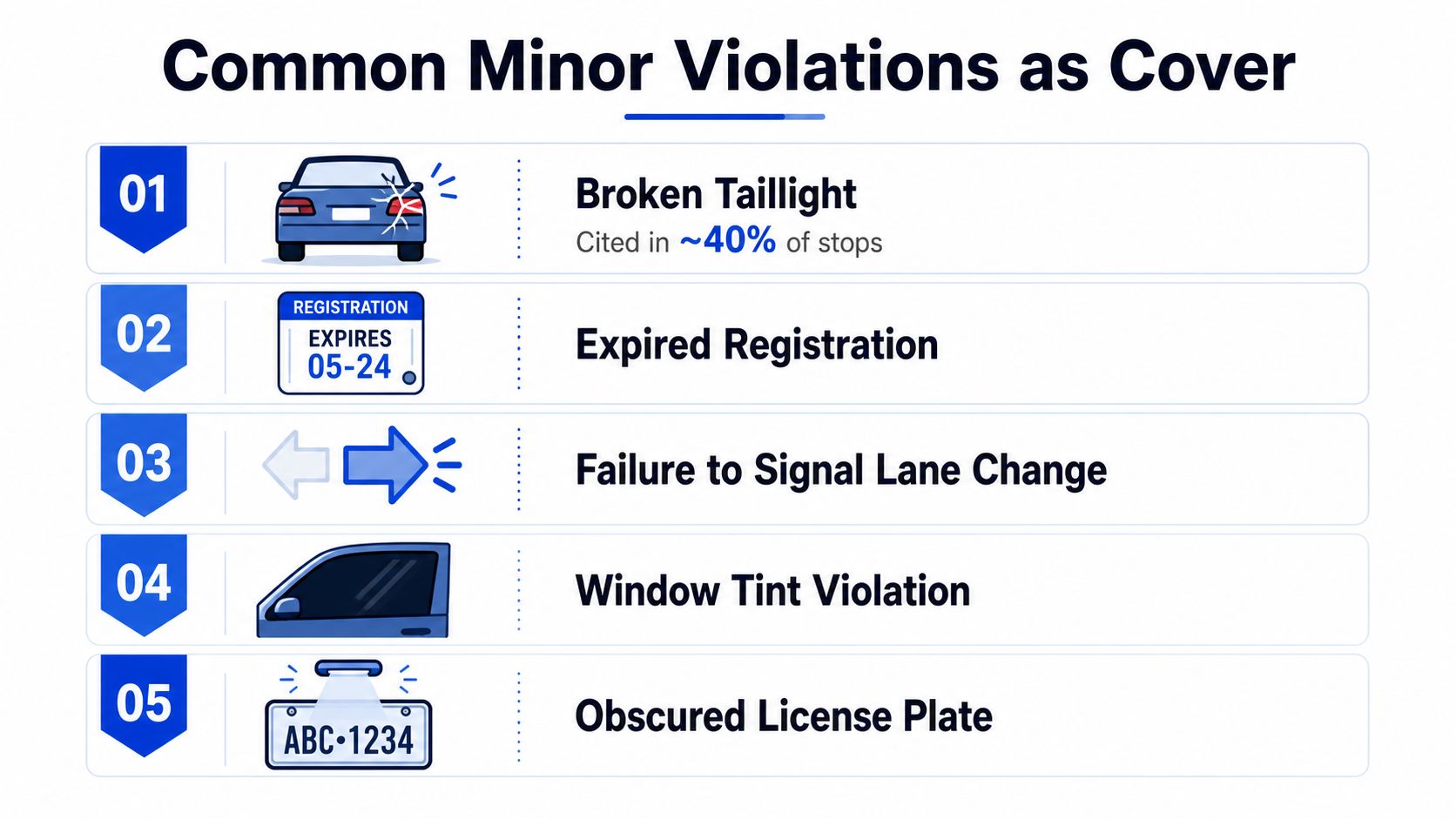 An infographic listing five common minor vehicle violations often used by police as pretext for traffic stops.