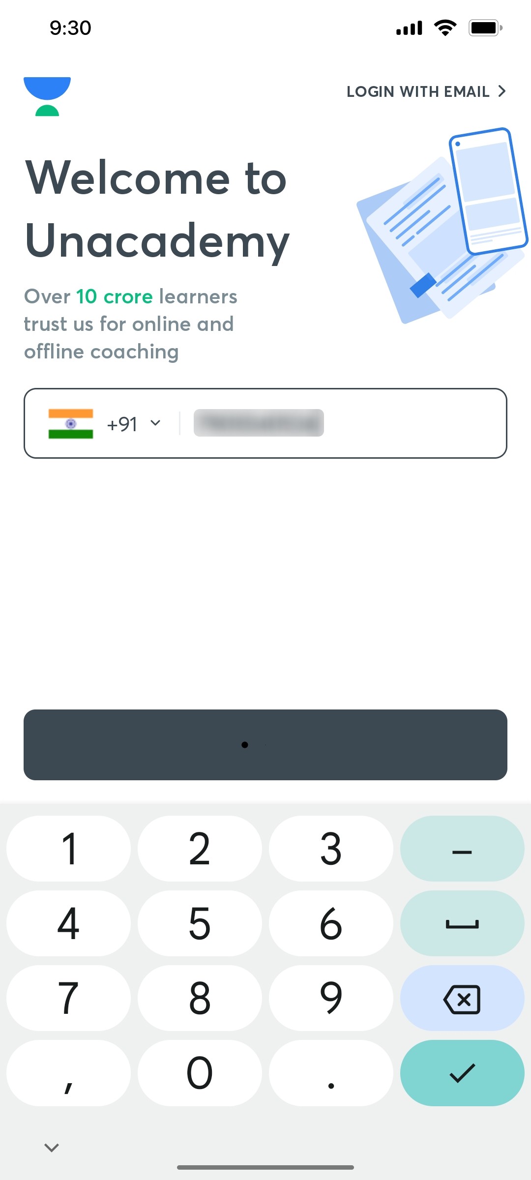 Unacademy Enter Mobile Number Screen