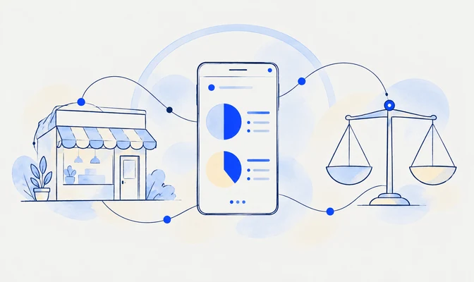 Islamic fintech in fine navy linework with cobalt accents and pale watercolor washes.