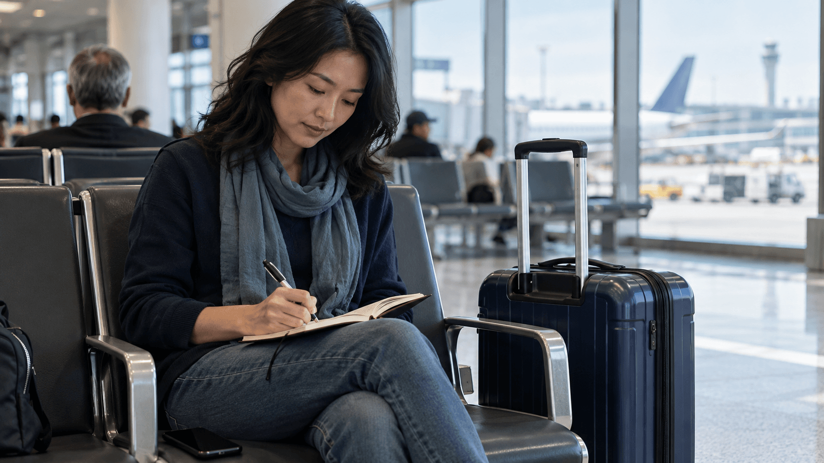 Traveler recording baggage incident details in a notebook at the airport.