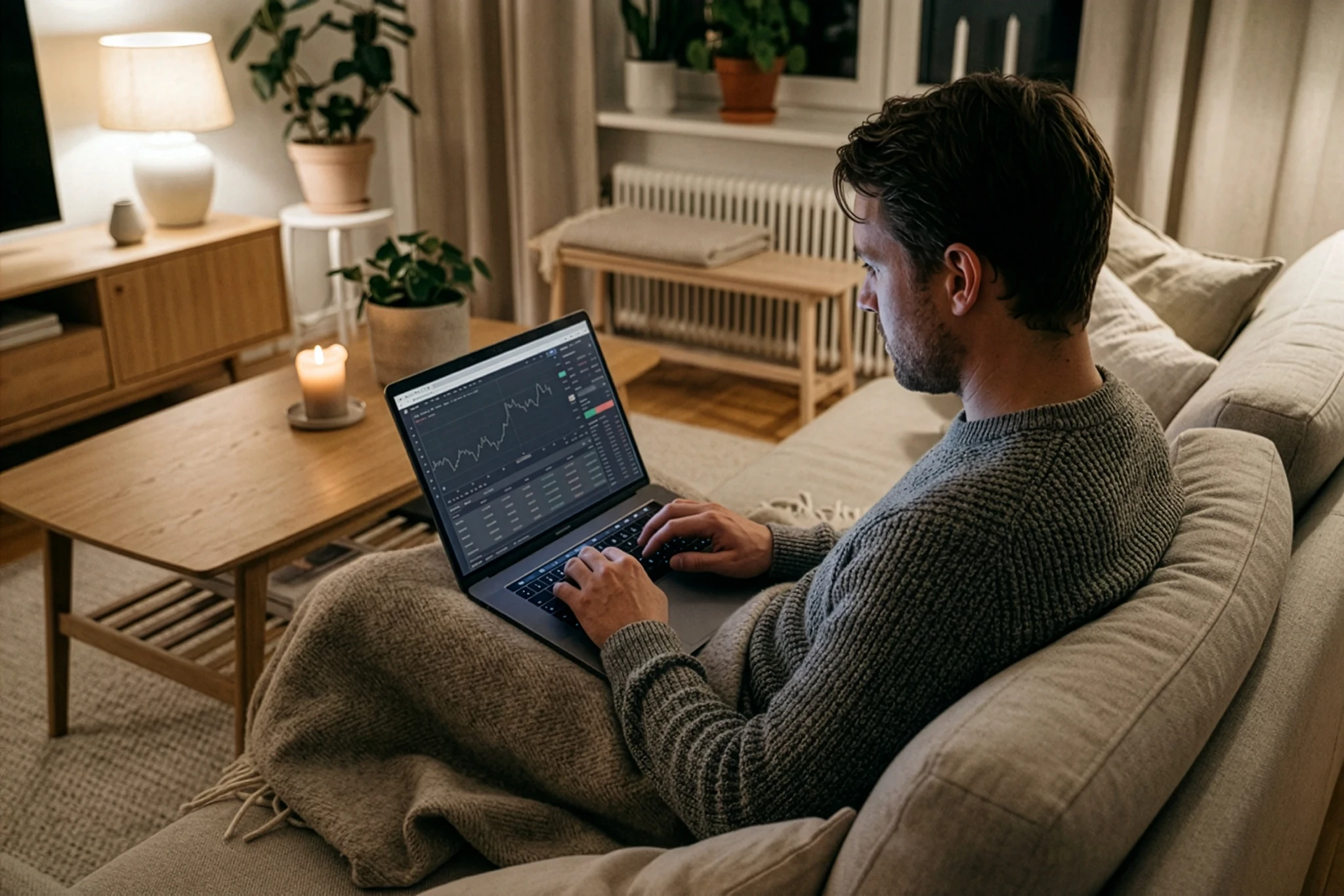 Trader sitter vid hemmakontor och följer sin tradingjournal och riskhantering i realtid