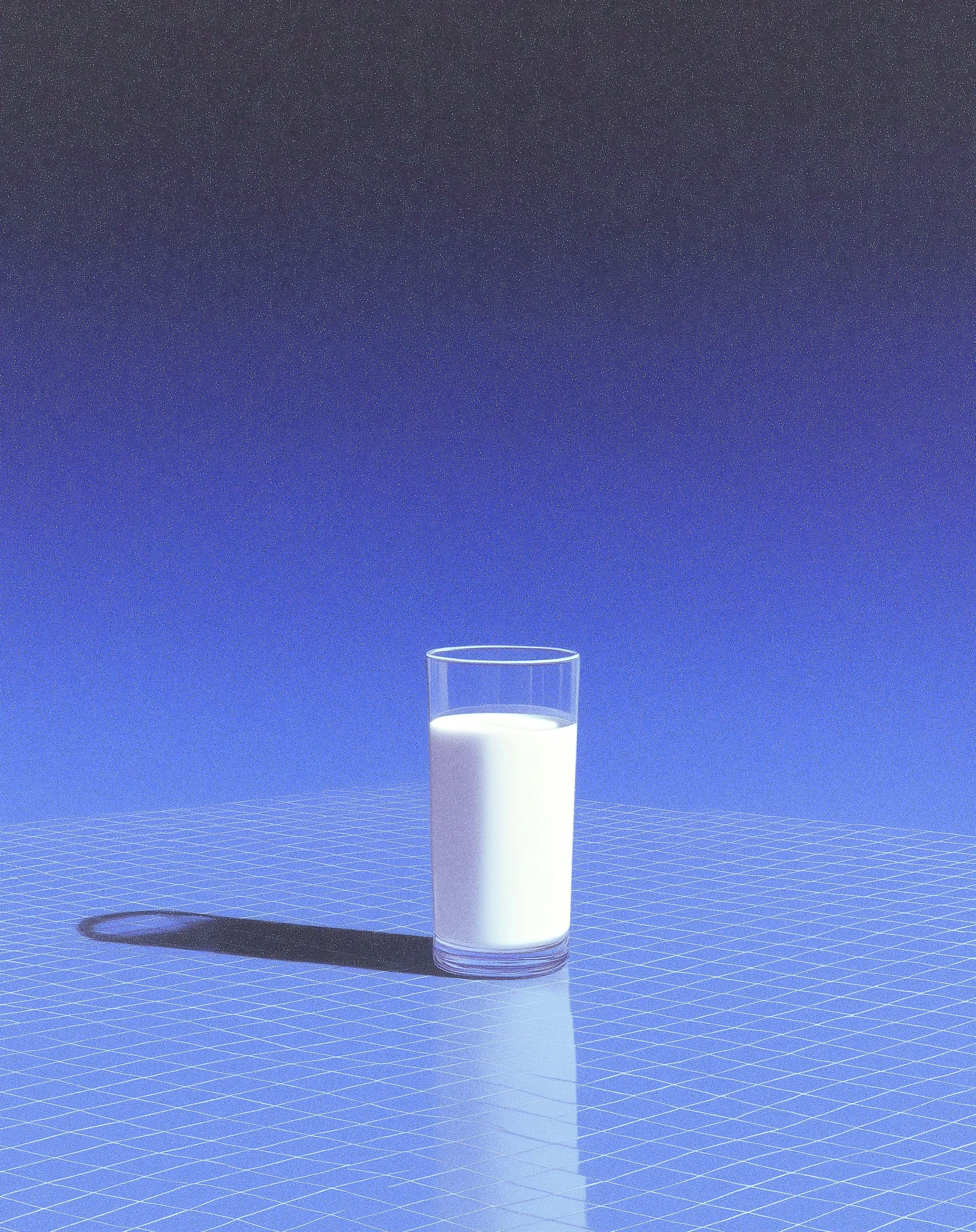 A clear glass filled with milk stands on a reflective grid-patterned surface with a long shadow and a smooth blue gradient background.