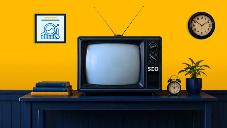 Vintage television with SEO label on a blue table against a yellow wall.