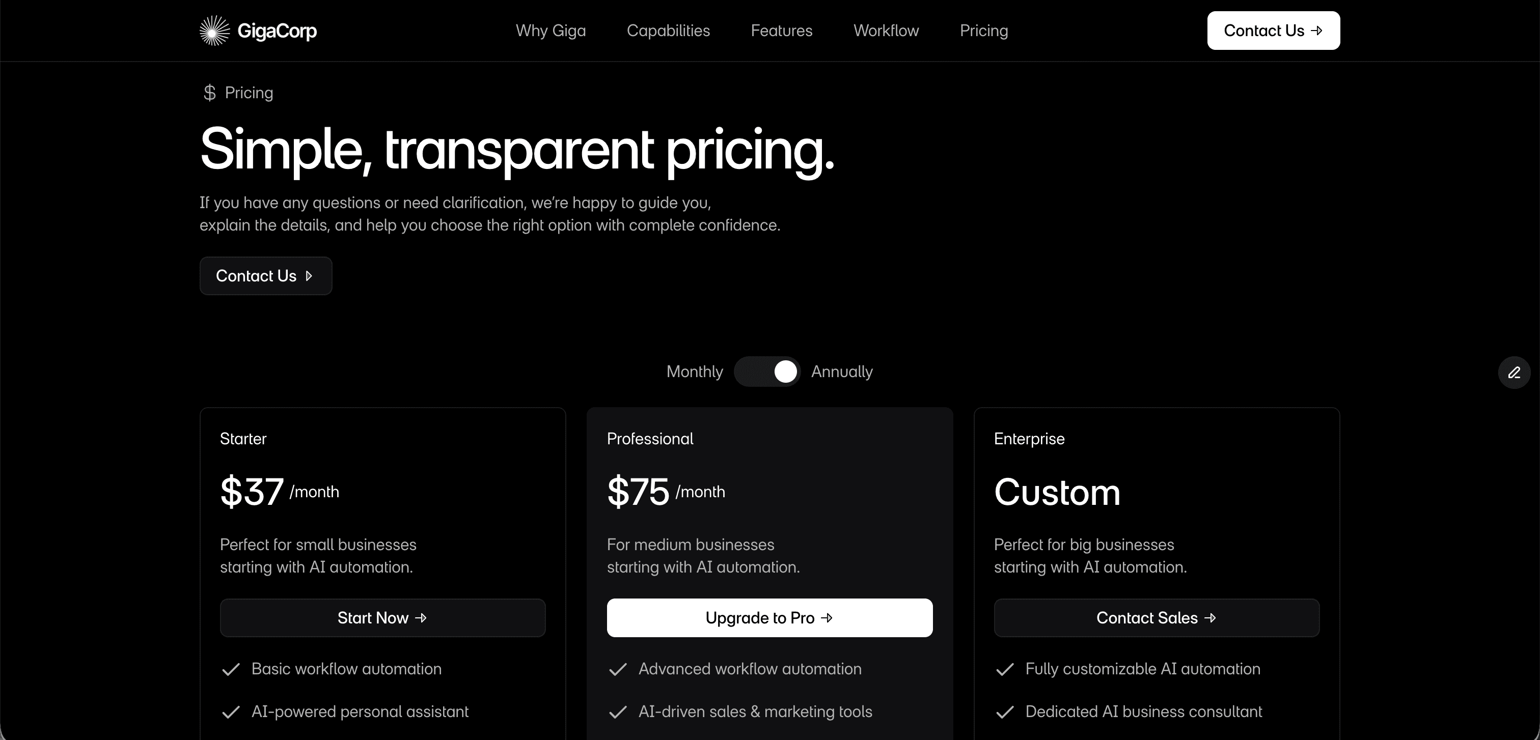 Giga Premium AI SaaS and Software Launch Framer Template Pricing Section