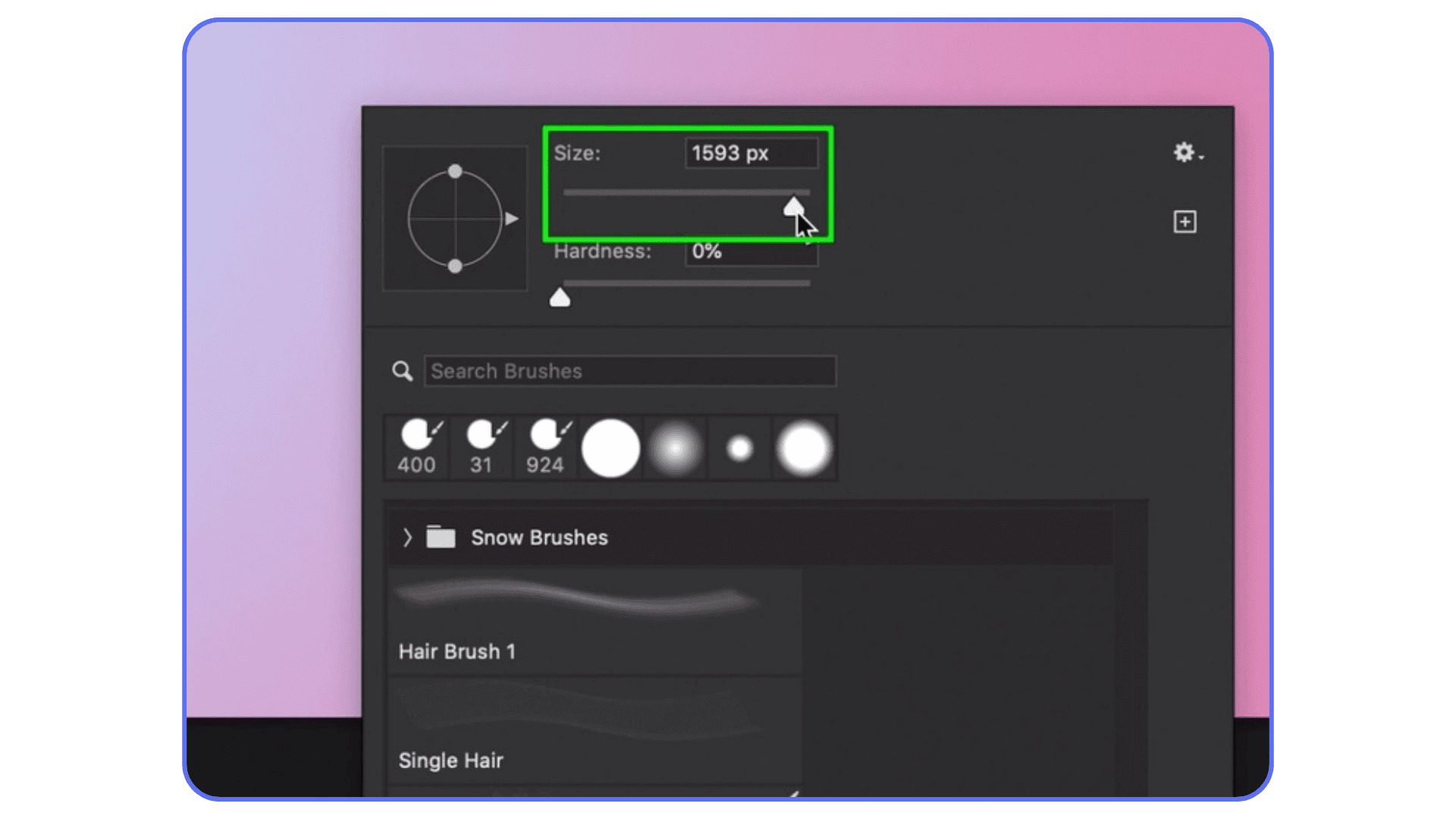 Photoshop brush panel showing size adjustment set to 1593 pixels with brush presets visible.