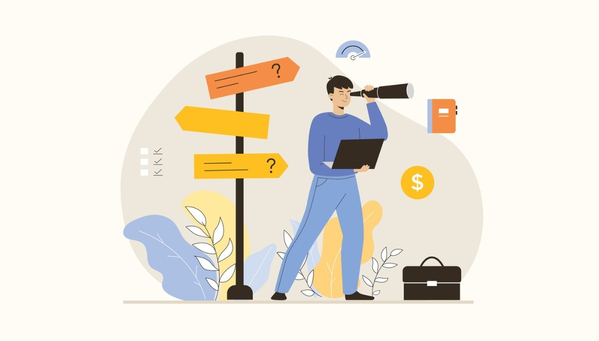 Illustration of a person holding a laptop and looking through a telescope beside a signpost with question marks, symbolizing the exploration, decision-making, and strategic planning involved in finding and launching a career in startup companies.