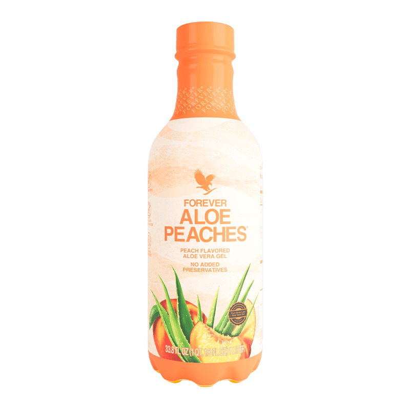 Garrafa do Forever Aloe Bits N' Peaches, suco de babosa com pedaços de pêssego, ideal para toda a família.