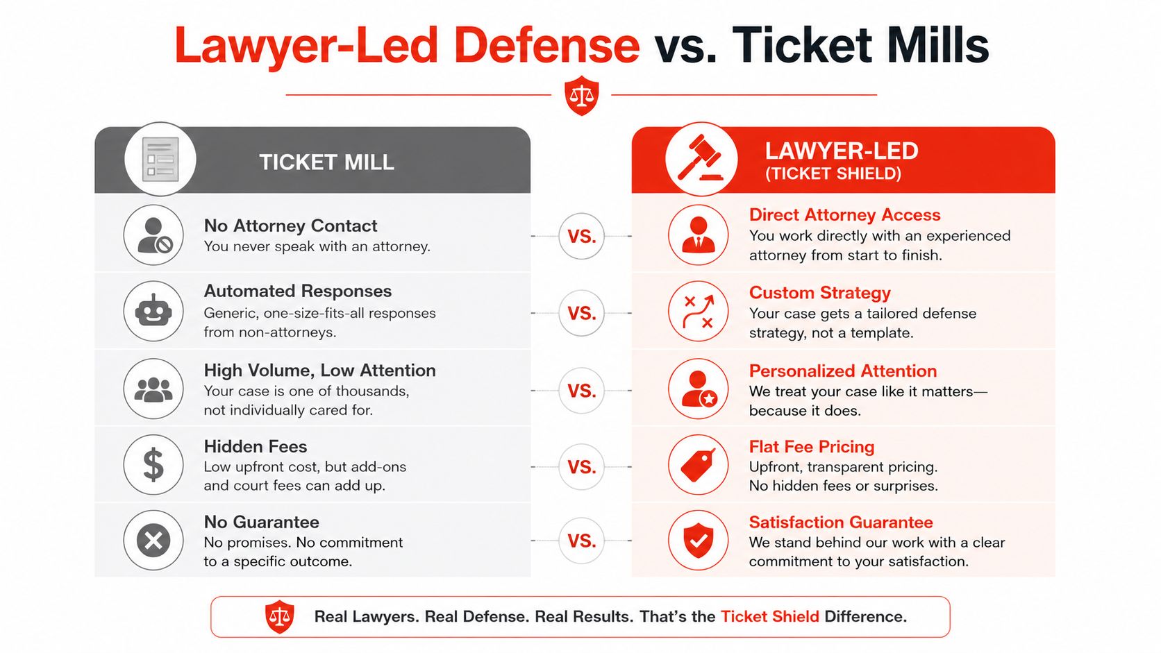 A comparison chart showing the benefits of a lawyer-led defense versus impersonal ticket mill legal services.