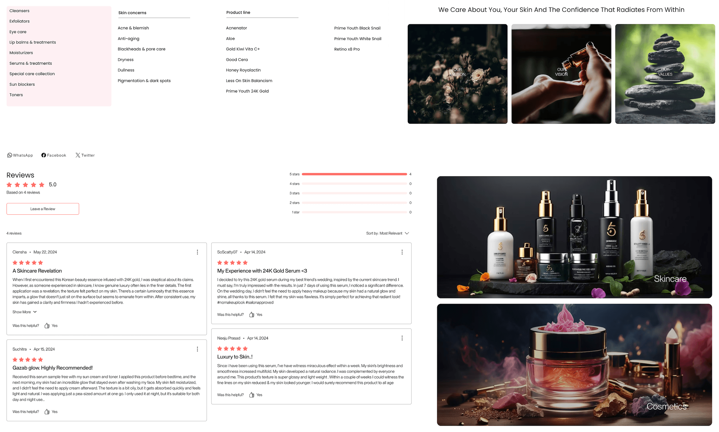 Images of header navigation, about us, reviews and product banner