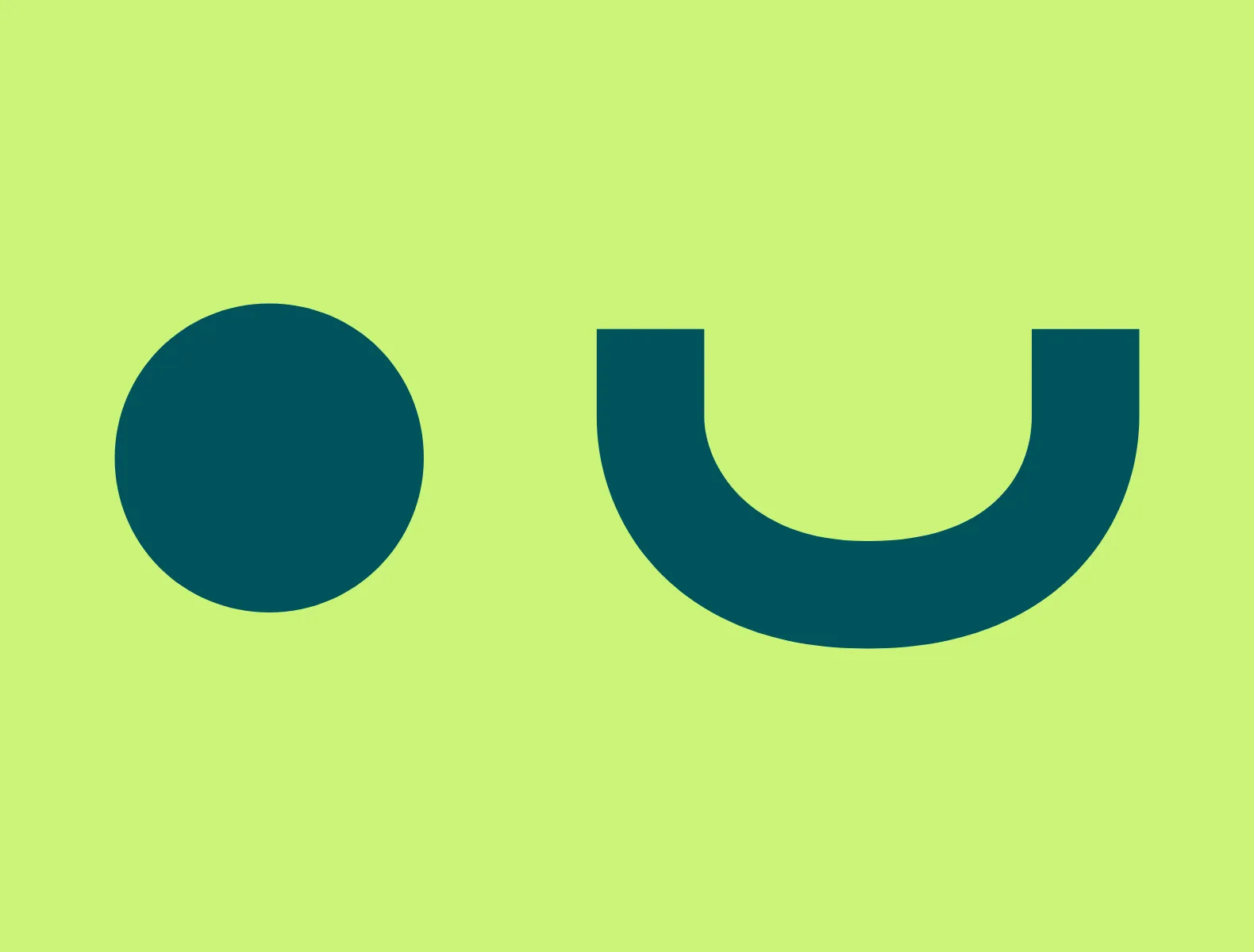 A circle on the left and a "U" shape on the right in teal on a lime green background. 