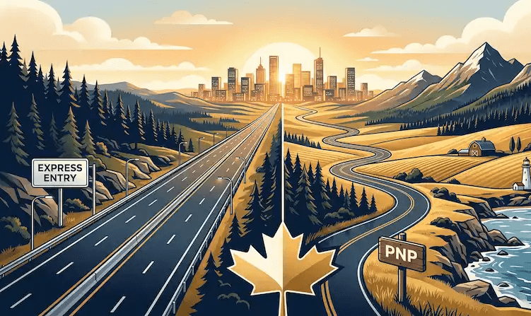 A split-panel, illustrative landscape showing two distinct paths leading toward a glowing city skyline at sunrise. One represents Express Entry path and another PNP path.
