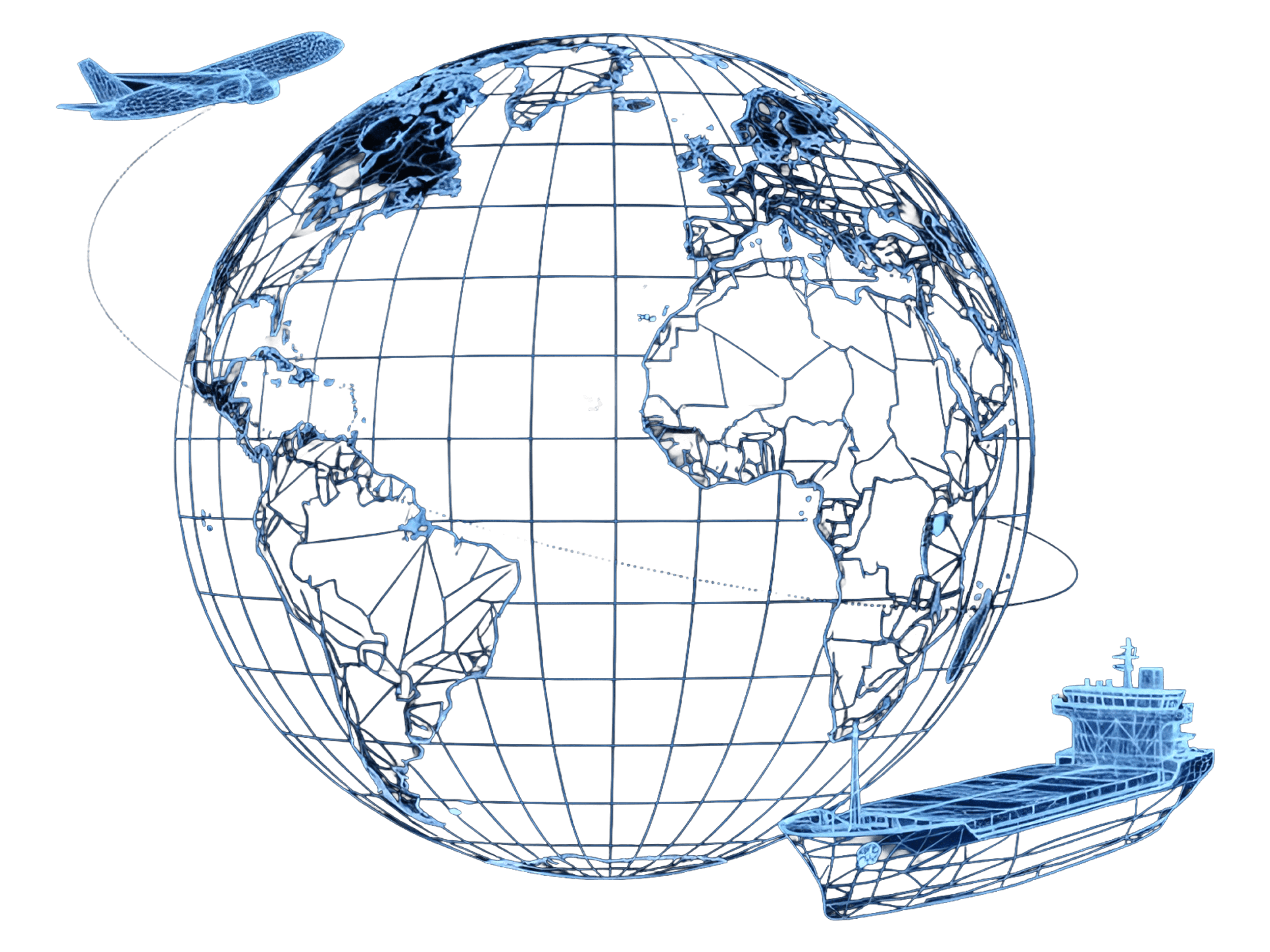 A blue, stylized globe with a grid pattern, floating against a simple background.