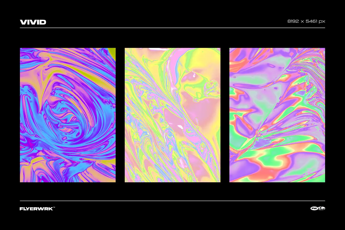 Three vertical trippy psychedelic backgrounds featuring vivid liquid color gradients for modern digital art posters