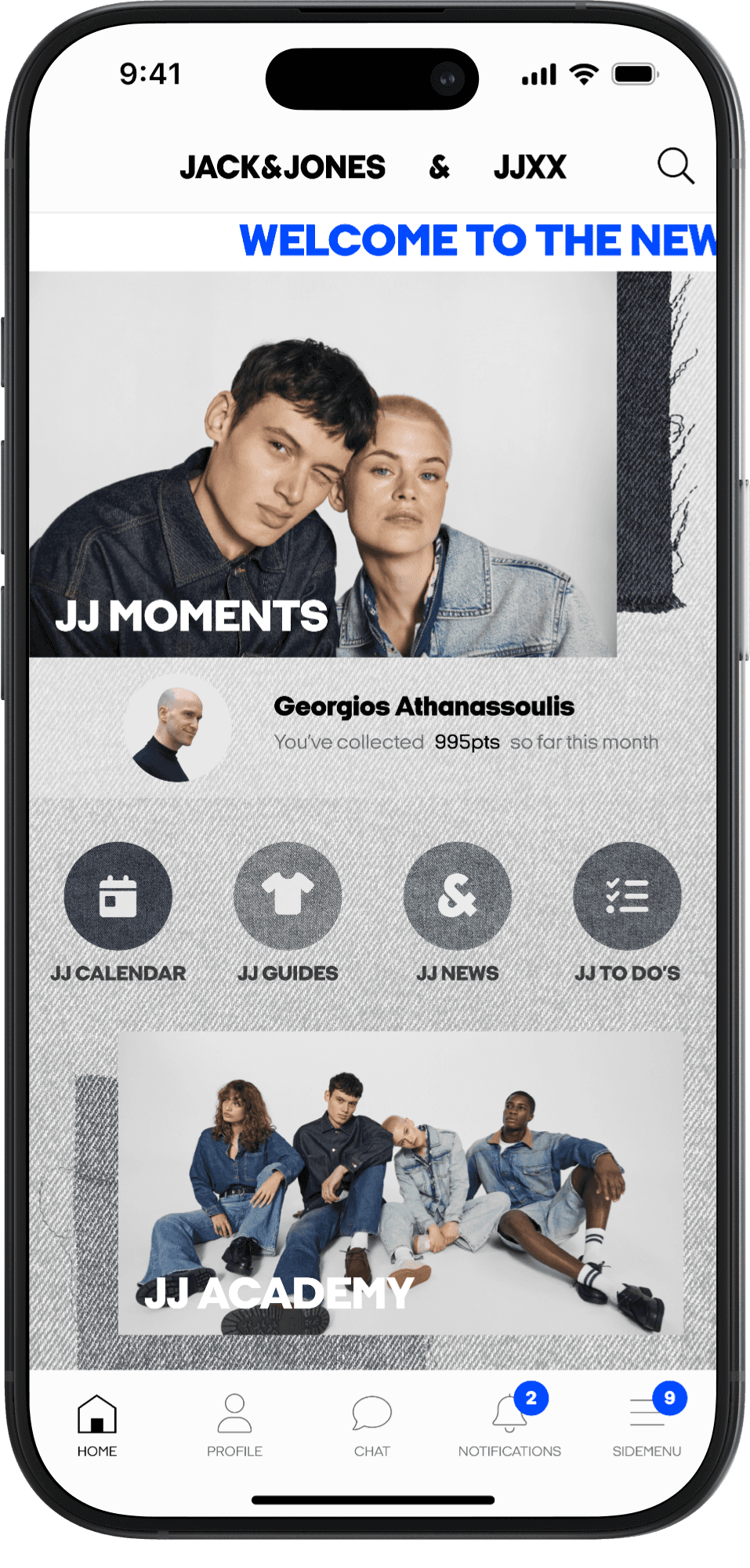Mobile app interface showing the JACK & JONES and JJXX internal app home screen with navigation, brand content, and user profile features.