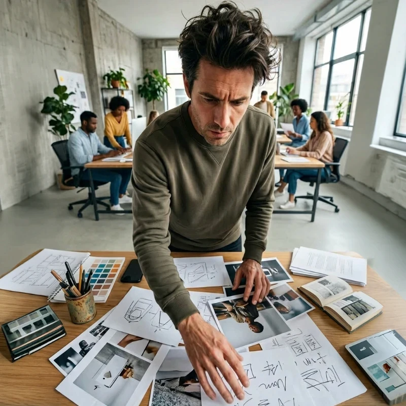 Équipe de managers et collaborateurs en agence à Paris, échangeant autour d'un plan d'action structuré et de documents de synthèse dans un espace de travail collaboratif, illustrant notre expertise en Stratégie de comm 360° pour vous aider à créer de la valeur durable.