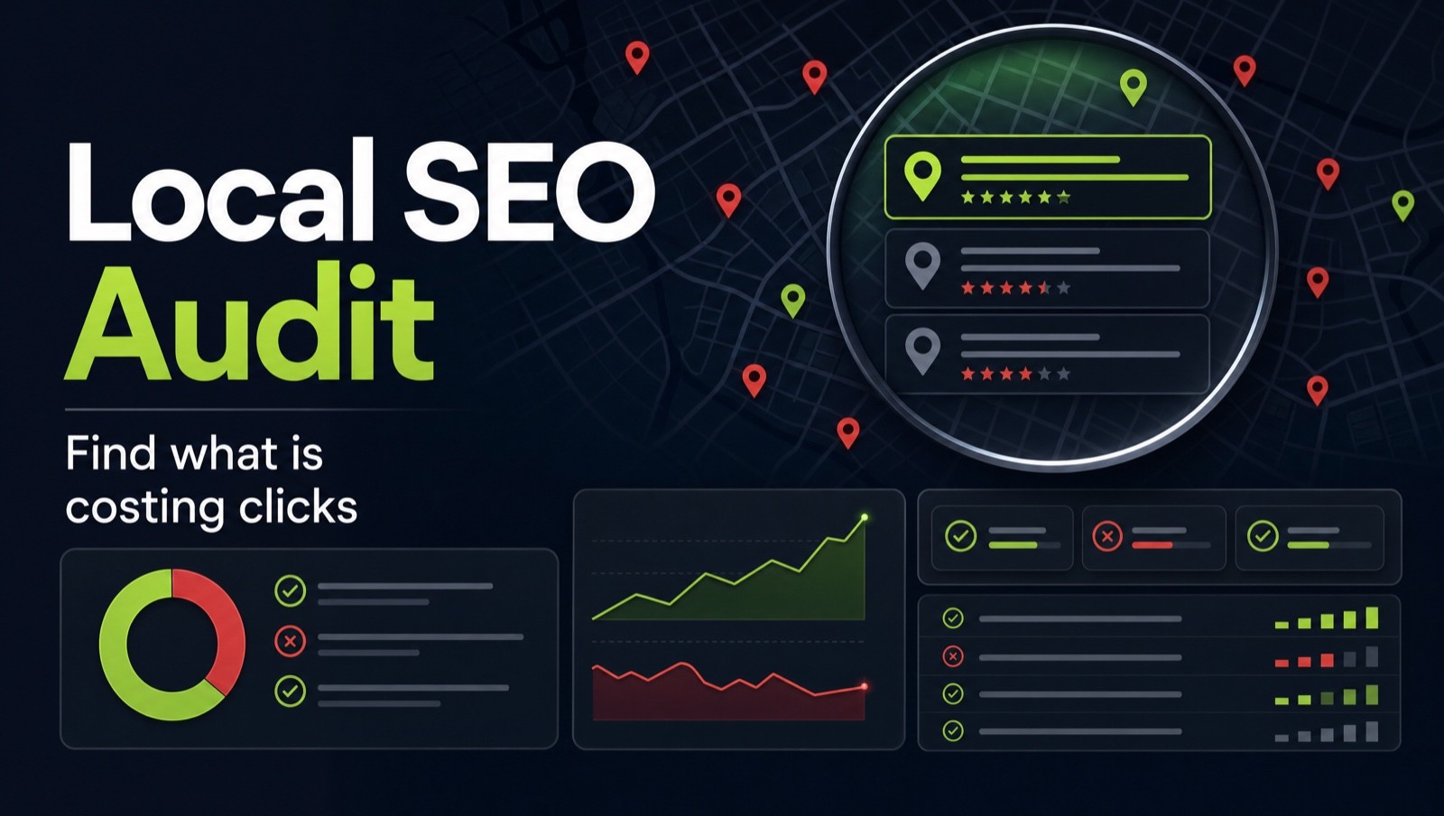 Local SEO audit dashboard visual showing Map Pack visibility and diagnostic signals