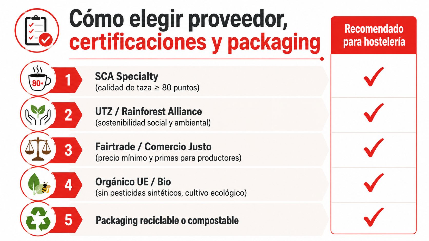 Infografía sobre cómo elegir proveedores de café con certificaciones, sostenibilidad, comercio justo y packaging ecológico.