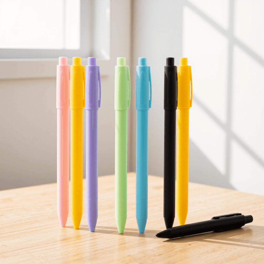 product photography of set of colored gel pens