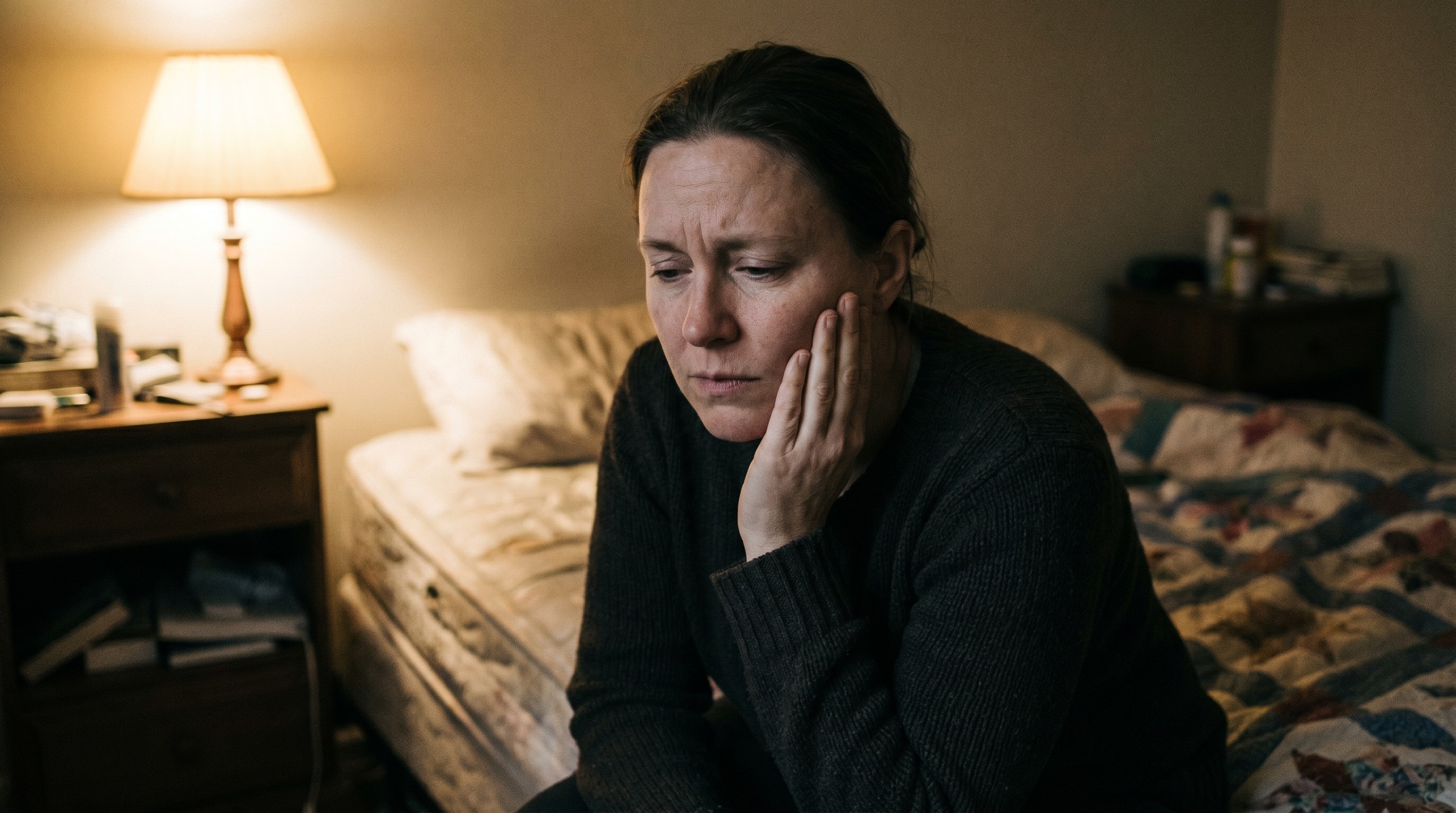 Adult resting hand against lower cheek in dim bedroom light, showing tooth pain discomfort