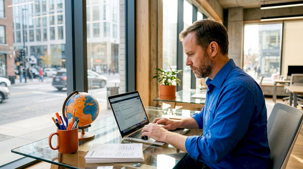 Translator working at desk with style notes