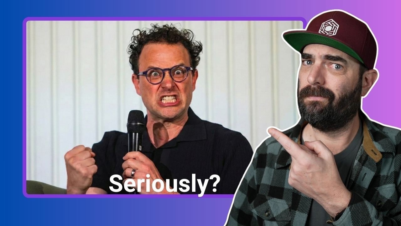 mreflow-style AI controversy thumbnail with angry video screenshot and host reaction