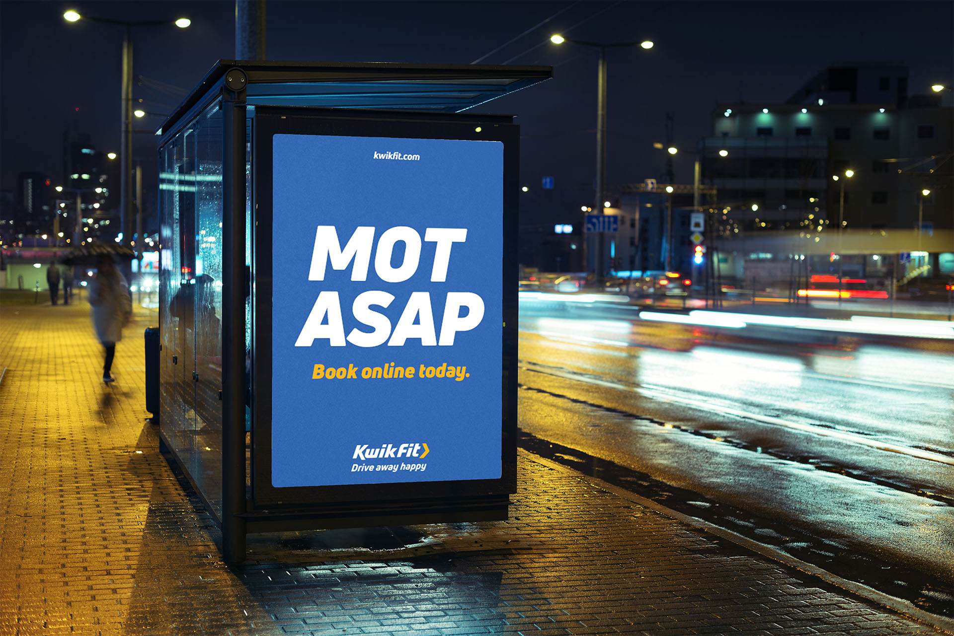 Bus stop billboard that reads MOT ASAP Book online today