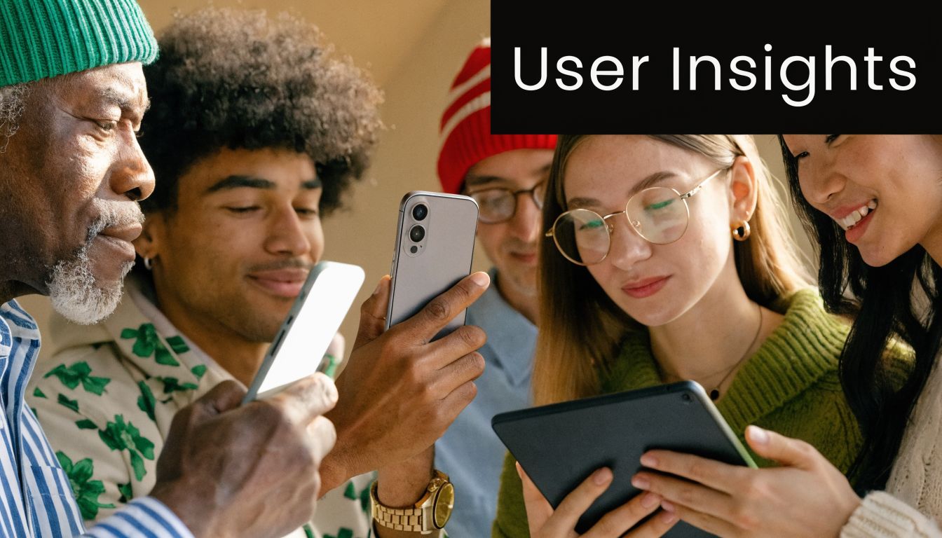 A diverse group of people collaborating and looking at their digital devices for user research insights.