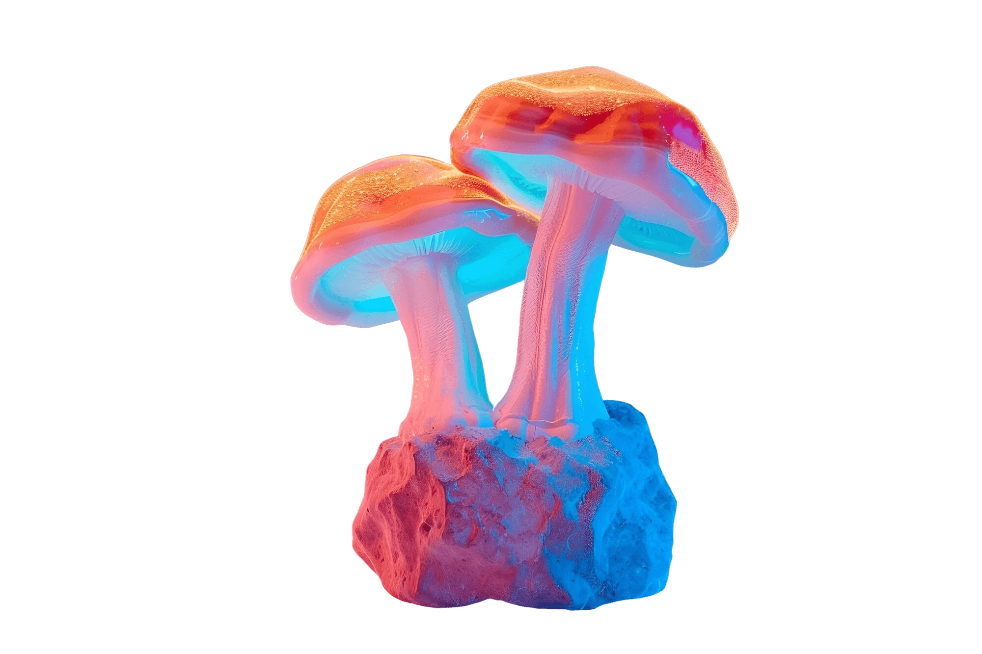 Detailed brown mushroom with water droplets on its cap and glowing orange gills.