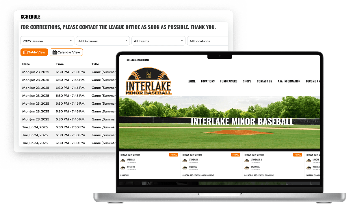 TeamLinkt baseball schedule generator showing a conflict-free season schedule and club website on desktop