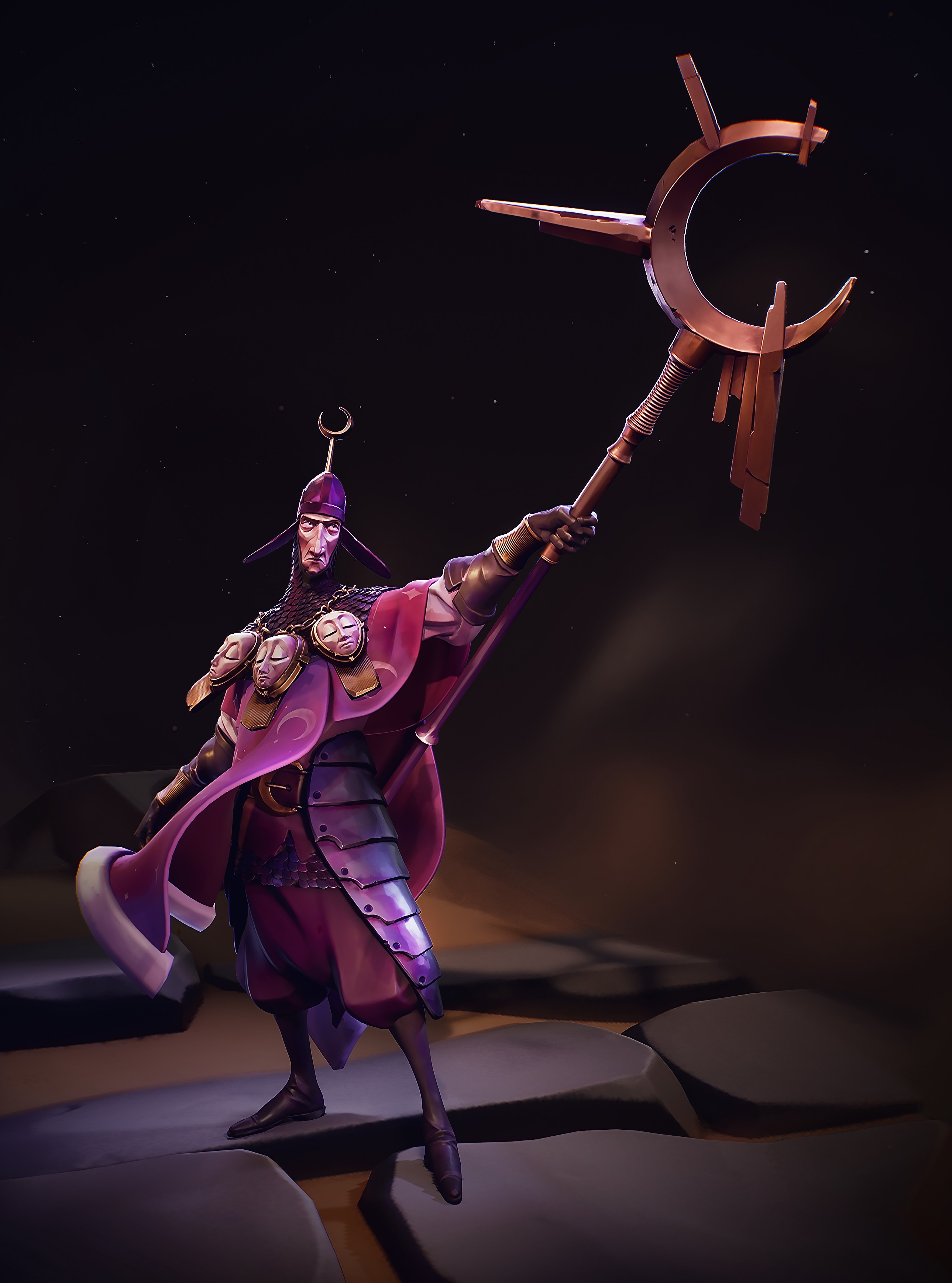 A fantastical character in elaborate, ornate armor and a flowing purple cape holds a mystical staff with a large, crescent-shaped top, standing on a rocky terrain within a dimly lit, atmospheric setting, showcasing high-quality game art and character design.