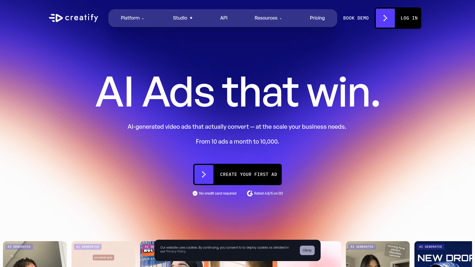 The Creatify homepage with hero text AI Ads that win and a call to action button.