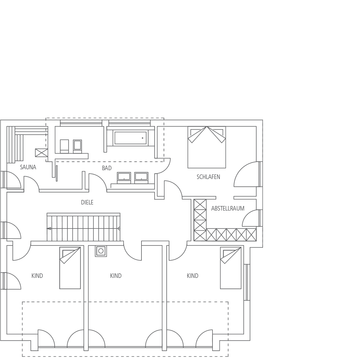 Grundriss mit Sauna, Bad, Diele, Schlafzimmer, Abstellraum und drei Kinderzimmern.