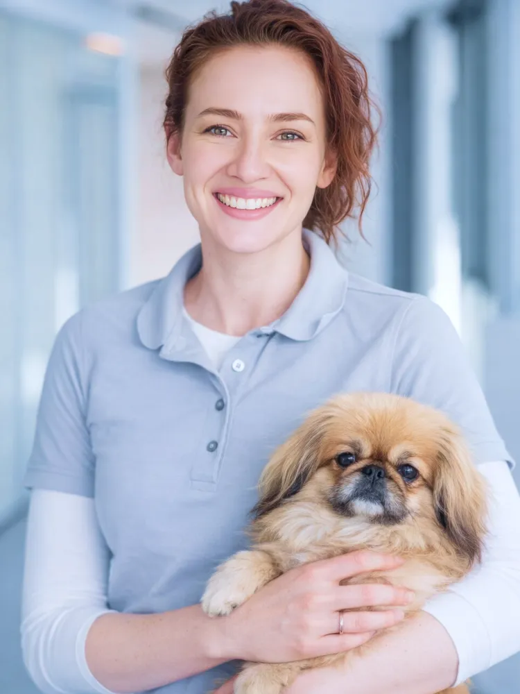 Dr. Eva Gasymova, a veterinary dental surgeon, holding a small long-haired dog in a clinical setting