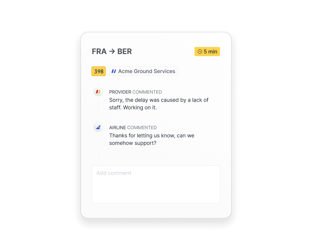 A web app interface displays a conversation about a flight delay from FRA to BER, involving Acme Ground Services, with comments on staffing issues and support from the airline.